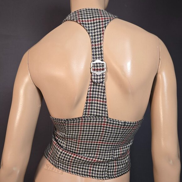 Y2K Vest Waistcoat Fitted Houndstooth Size XS Academia Office Siren Beige Black - Picture 9 of 12